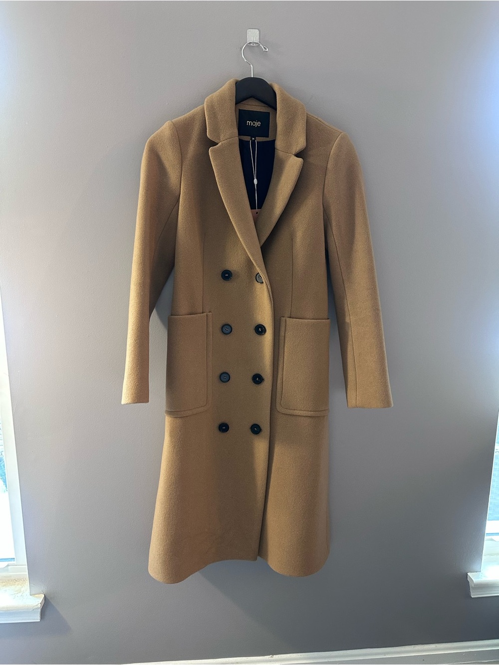 Maje Camel Double-Breasted Long Tailored Coat – Size 36